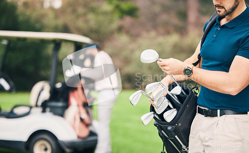 Image of Golf, sports and man with golfing club on course ready to start game, practice and training for competition. Professional golfer, activity and male caddy on grass for exercise, fitness and recreation