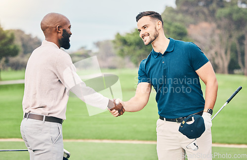 Image of Man, friends and handshake on golf course for sports, partnership or trust on grass field together. Happy sporty men shaking hands in collaboration for good match, game or competition in the outdoors