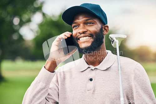 Image of Black man, phone call and communication on golf course for sports conversation or discussion outdoors. Happy African male smiling and talking on smartphone while golfing for sport hobby in nature