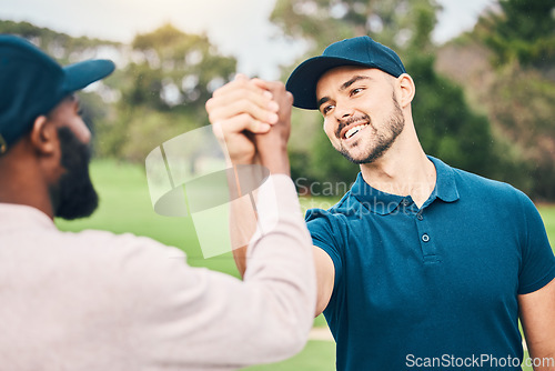 Image of Man, friends and shaking hands on golf course for sports, partnership or trust on grass field together. Happy sporty men handshake in collaboration for good match, game or competition in the outdoors