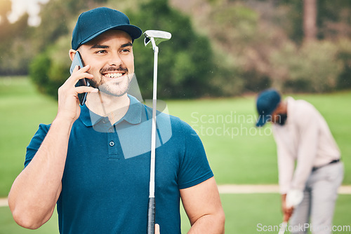 Image of Man, phone call and communication on golf course for sports conversation or discussion in the outdoors. Happy sporty male smiling and talking on smartphone while golfing in sport hobby in nature