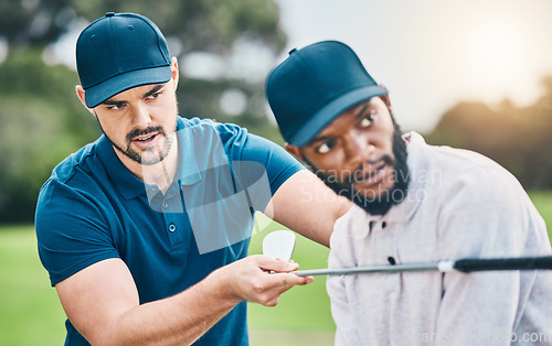 Image of Teaching, lesson and men playing golf, learning good form and sports hobby. Help, instructor and a black man with a coach for professional sport training, physical activity and golfing on a course