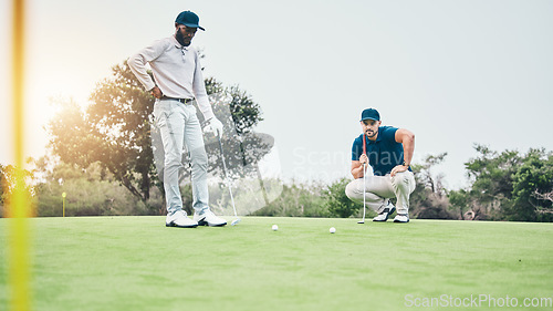 Image of Sports, golf and friends with men on field for relax, hobby and competition match. Thinking, planning and health with males playing together in club for free time, practice and focus on shot