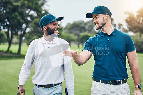 Image of Friends, sports and golf, men walking, talking and smiling on grass course at outdoor game. Health, fitness and friendship, black man and happy golfer with smile walk in nature on weekend together.