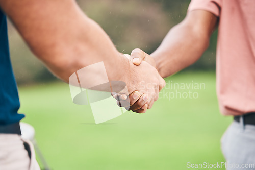 Image of People, handshake and sport for partnership, trust or unity in community, collaboration or teamwork on grass field. Team of sporty players shaking hands on golf course for club, game or outdoor match