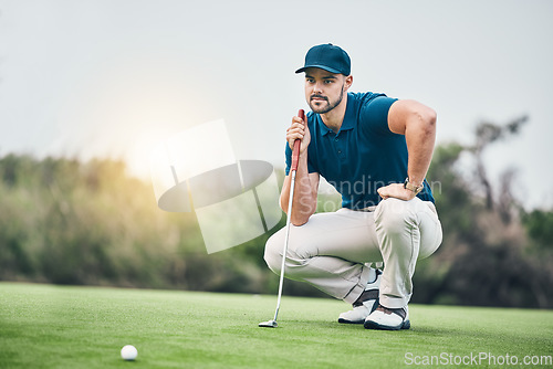 Image of Planning, sports and golf with man on field for training, competition match and thinking. Games, challenge and tournament with athlete playing on course for exercise, precision and confidence