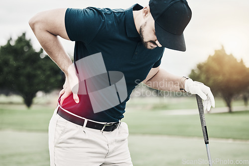 Image of Sports, muscle and golf, man with back pain during game on course, massage and relief in health and wellness. Green, hands on injury in support and golfer with body ache at golfing workout on grass.