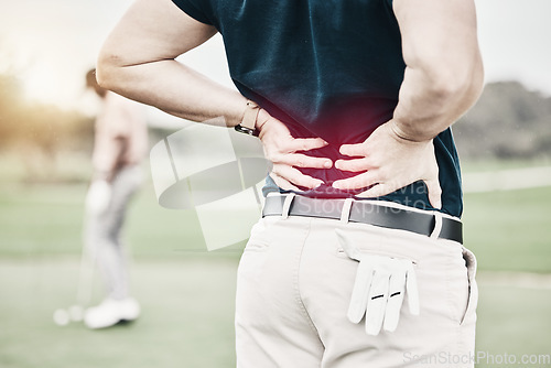 Image of Sports, injury and man on golf course with back pain during game, massage and relief in health and wellness. Green, hands on spine in support and golfer with body ache at golfing workout on grass.