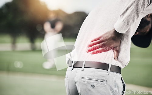 Image of Sports, muscle and golf, black man with back pain during game on course, massage and relief in health and wellness. Green, hands on injury in support and golfer with ache at golfing workout on grass.
