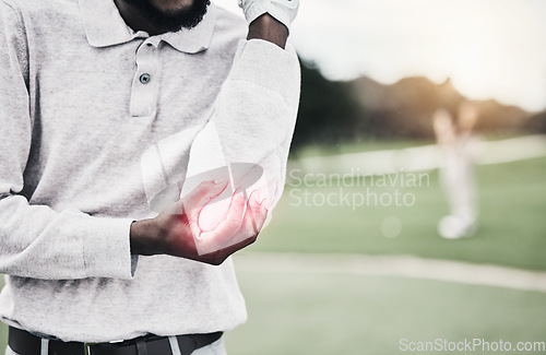 Image of Sports, elbow pain and black man on golf course holding arm during game, massage and relief with health and wellness. Green, hands on injury for support and golfer with ache during golfing workout.