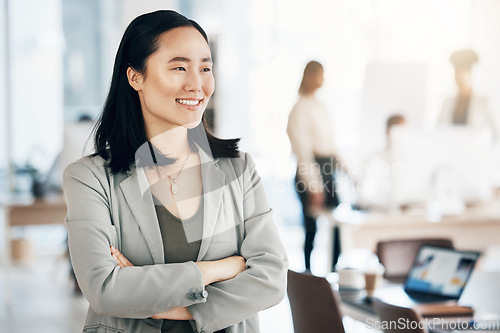 Image of Asian, business woman and arms crossed with smile, thinking with leadership and professional mindset in workplace. Career, success and corporate female in Japanese office, happiness and confidence