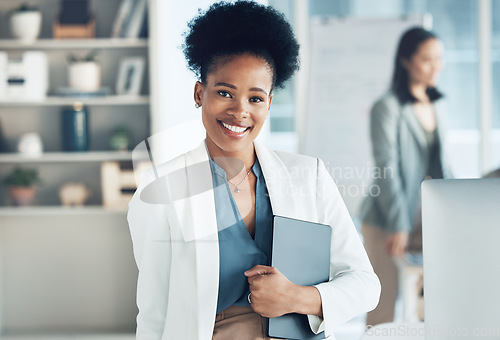 Image of Digital tablet, portrait and businesswoman in the office with confidence while working on a project. Happy, smile and professional African female leader standing with mobile device in the workplace.