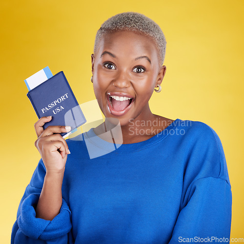 Image of Passport, excited and woman face isolated on yellow background for USA travel opportunity, immigration or holiday. Identity documents, flight ticket and wow portrait of young black person in studio