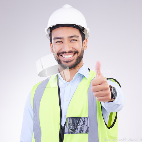 Image of Thumbs up of engineering man face isolated on a white background support, like or success in project management goals. Asian construction worker or architect contractor thank you hand sign in studio