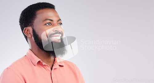 Image of Mockup, success and black man with smile, vision and motivation against grey studio background. African American male, happy guy and young person with happiness, casual and cheerful with inspiration
