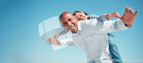 Image of Portrait, father and kid piggyback on blue sky of summer vacation, holiday and freedom on mockup space. Below of happy family, dad and flying girl child in excited game, smile and support adventure