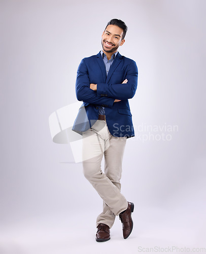 Image of Smile, leader and portrait of business man with confidence, positive mindset and power in studio. Corporate fashion, success mockup and isolated happy male with pride, leadership and professional