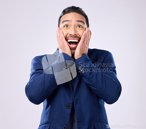 Image of Surprise, excited and face of man with shock, happiness and omg expression on white background. Winner mockup, wow reaction and isolated happy male with winning, big smile and bonus success in studio