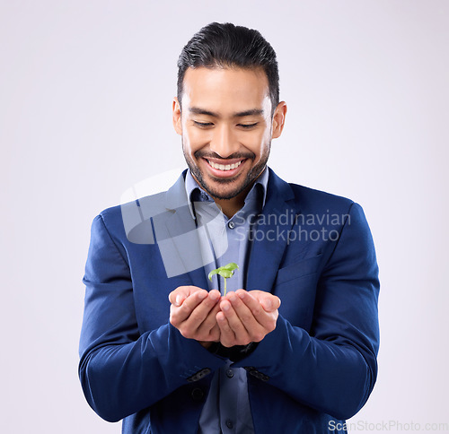 Image of Plant in happy man hands for business growth isolated on a white background in eco friendly investment. Asian person with sapling soil in palm for sustainable startup and green investing in studio