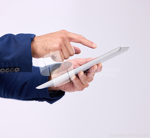 Image of Tablet, hands and man online in studio for communication with network connection on social media. Business male typing an internet search, mobile app and email chat with contact on white background