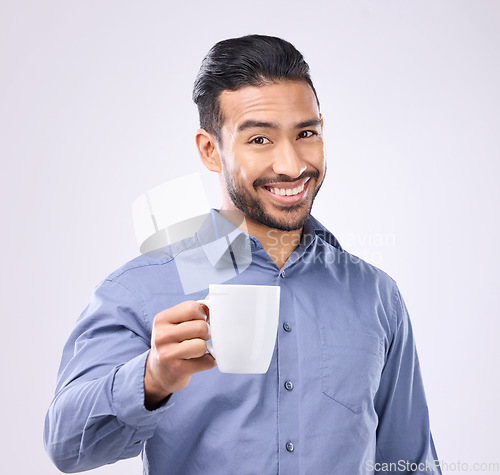 Image of Business man, coffee cup toast and studio portrait with smile, motivation and start morning by background. Happy asian businessman, drink and cheers for success, focus and energy for job by backdrop