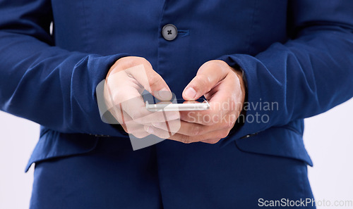 Image of Phone in hands, typing and man in studio for communication with network connection on social media. Hand of male with smartphone for internet search, mobile app and online chat on a white background