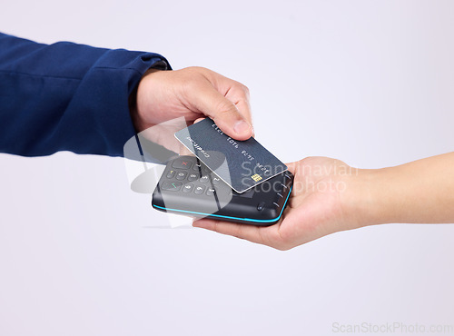 Image of Credit card, machine and people hands isolated on a white background of ecommerce transaction or fintech payment. Banking connection, finance pos and retail b2c, customer or business person in studio
