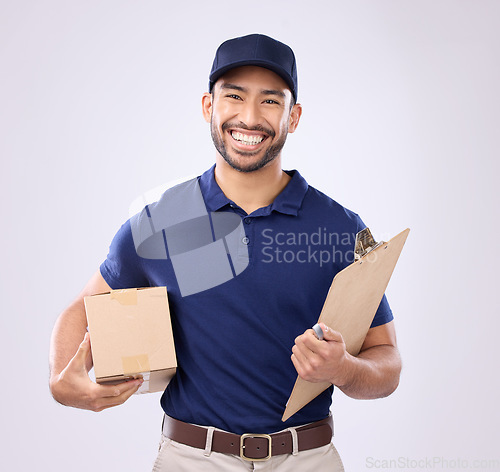 Image of Portrait of delivery man isolated on studio background courier services, supply chain and clipboard checklist. Asian worker, business or logistics person with package in Korea distribution of product