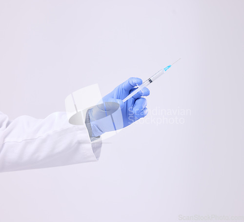 Image of Healthcare man, hands and doctor with syringe, needle or vaccine injection for covid 19, monkeypox or disease cure. Medical studio, hospital nurse and science innovation medicine on grey background