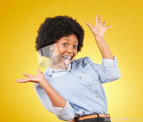 Image of Surprise, excited hands and portrait of black woman on yellow background with energy, happiness and smile. Winner mockup, celebration and isolated happy girl for deal, retail sale and discount news