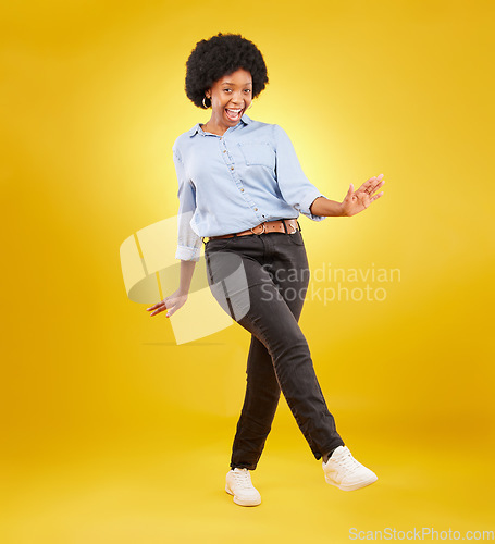 Image of Dance, excited and happy black woman on yellow background with motivation, dancing and smile. Winner mockup, wow portrait and isolated full body of girl for freedom, winning and success in studio