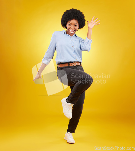 Image of Happy, excited and portrait of black woman on yellow background with energy, happiness and smile in studio. Winner mockup, celebration and isolated girl pose for deal announcement, sale and success