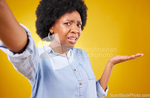 Image of Selfie portrait, confused and woman with mock up space, advertising mockup or marketing promotion. Commercial girl, problem or African person puzzled with product placement deal on yellow background