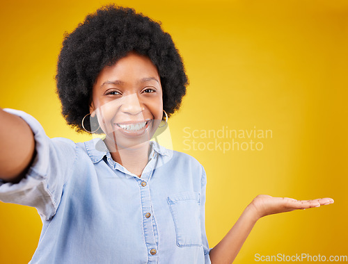 Image of Selfie, portrait and black woman with advertising gesture, mock up space or marketing promotion mockup. Commercial girl, face and excited person happy for product placement deal on yellow background