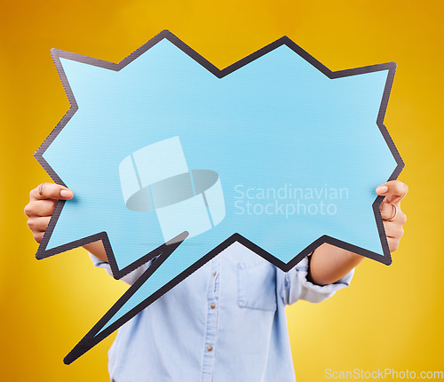 Image of Social media, studio person and hands with speech bubble for opinion, marketing space or brand advertising. Product placement, mock up billboard and comic woman with voice mockup on yellow background