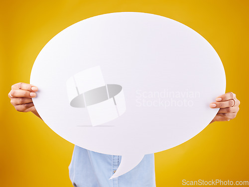 Image of Social media, woman and hands with mockup speech bubble for opinion, marketing space or brand advertising. Product placement info, branding billboard or person with voice mock up on yellow background