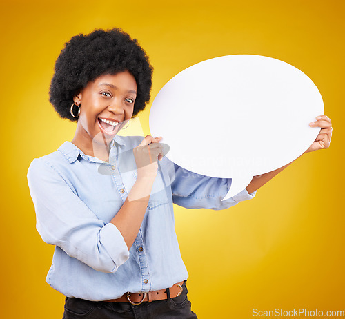 Image of Social media, happy portrait or black woman with speech bubble for opinion, marketing space or brand advertising. Product placement, mock up billboard or person with voice mockup on yellow background