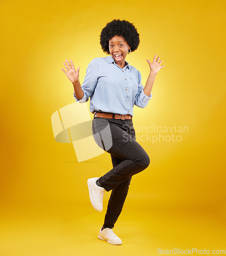 Image of Wow, excited and portrait of black woman on yellow background with energy, happiness and smile in studio. Surprise mockup, celebration and isolated happy girl with discount news, deal and retail sale