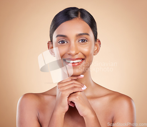 Image of Indian model woman, studio and skincare for makeup, beauty treatment and happy for healthy cosmetics by background. Gen z girl, young asian or portrait with cosmetic wellness, skin glow and aesthetic