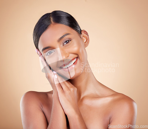Image of Indian woman, studio and beauty with smile, makeup and skincare with sleep hand sign by brown background. Gen z model girl, young asian and hands to rest for cosmetic wellness, skin glow or aesthetic