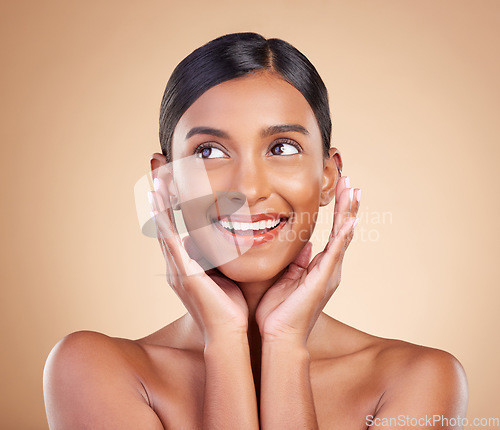 Image of Woman, smile and face in beauty skincare makeup or cosmetics against a studio background. Happy relaxed female model smiling in happiness and satisfaction for perfect skin, self love or facial care