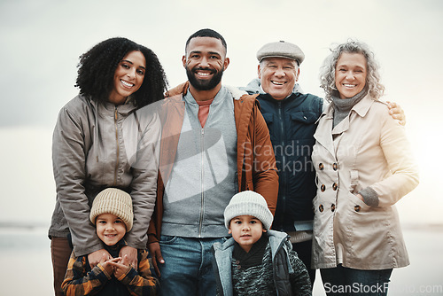 Image of Portrait, happy and extended family or excited people bonding spending quality time together on holiday. Beach, winter and trip by grandparents with children and parents with kids at sea for getaway