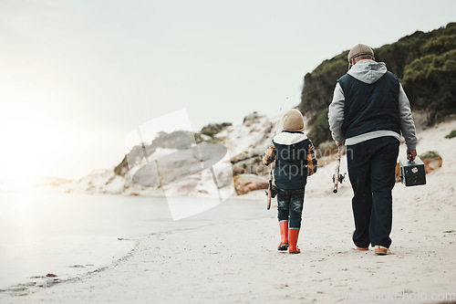 Image of Bonding, back and child with grandfather for fishing, recreation and learning to catch fish at beach. Morning, holiday and boy on walk by the sea with elderly man for a new hobby together on mockup