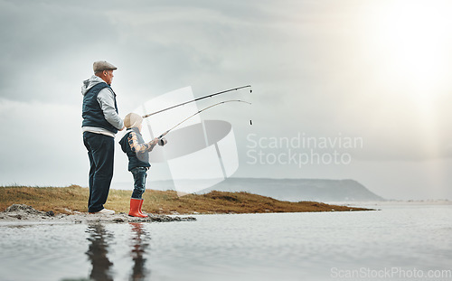 Image of Lake, nature and grandfather fishing with a child learning on an adventure, holiday or weekend trip. Hobby, outdoor and elderly man teaching kid to catch fish on a vacation by a river with mockup