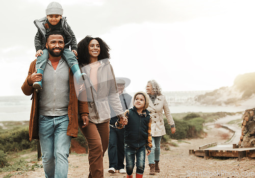 Image of Family hiking outdoor in nature, happiness and bonding, spending quality time together with fitness and generations. Grandparents, parents and children walking, love and care with happy people
