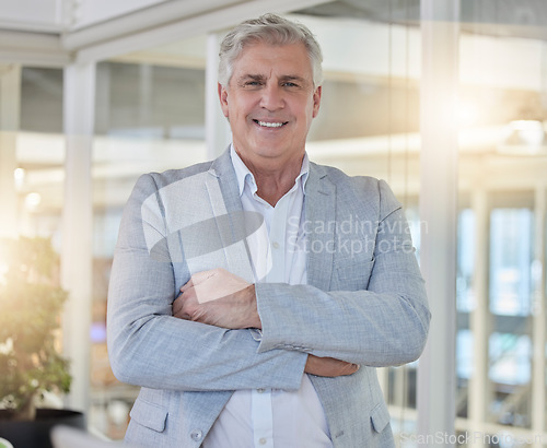 Image of Portrait, business and man with success, arms crossed and happiness in workplace, leadership and skills. Face, male employee and manager with smile, startup and ceo with opportunity and management