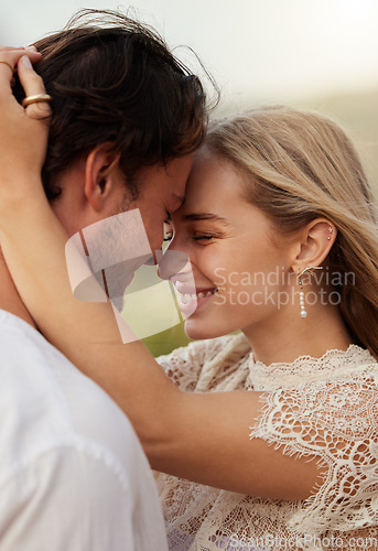 Image of Love, smile and hug with couple in nature for romance, bonding and affectionate together. Hugging, happiness and vacation with man and woman in embrace on date for sunset, anniversary or summer break