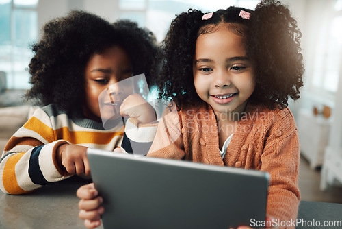 Image of Children, sisters and girls smile with tablet in home, playing games and bonding together. Technology, family and happy kids with touchscreen for elearning, streaming movie and video.