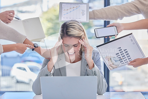 Image of Headache, multitask and business woman in stress, anxiety and burnout of deadlines, time management or pressure. Frustrated female employee scream for migraine, pain or chaos in overwhelmed workplace