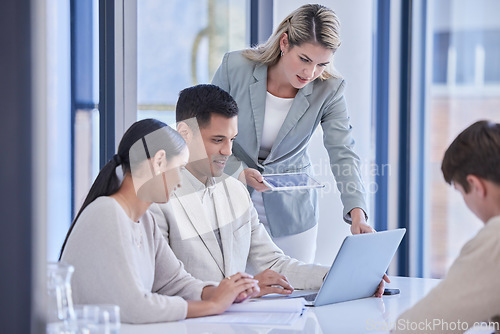 Image of Business people, teamwork and planning on laptop in office for project strategy, online ideas or internet search. Diversity group of employees working on computer technology, collaboration or meeting